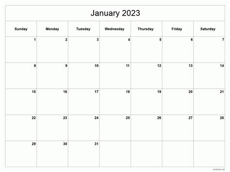 Blank Printable Calendar January 2023